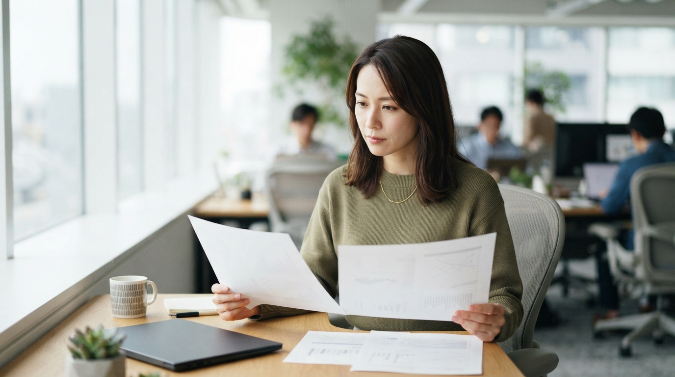資料を見比べながら紹介会社を検討する日本人の人事担当者
