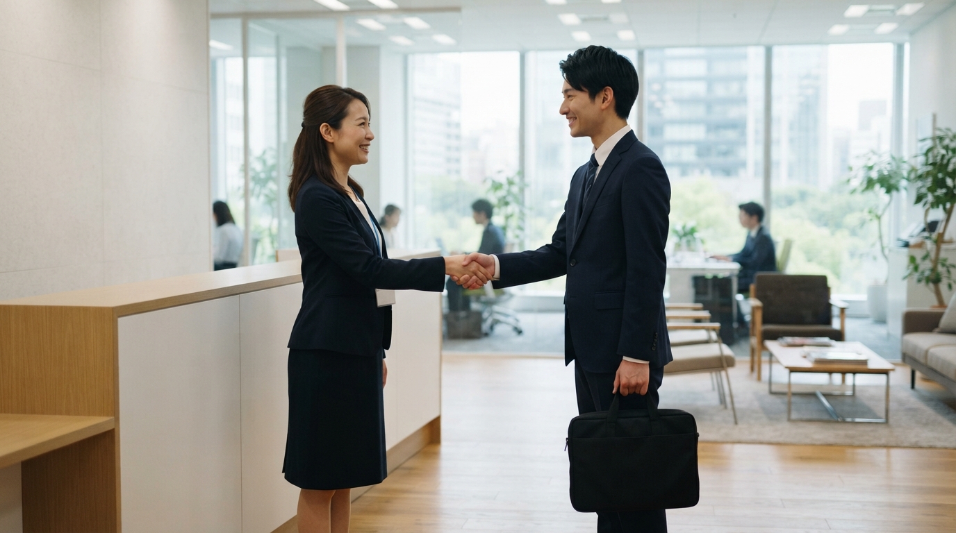 新卒の学生を迎える日本人の採用担当者